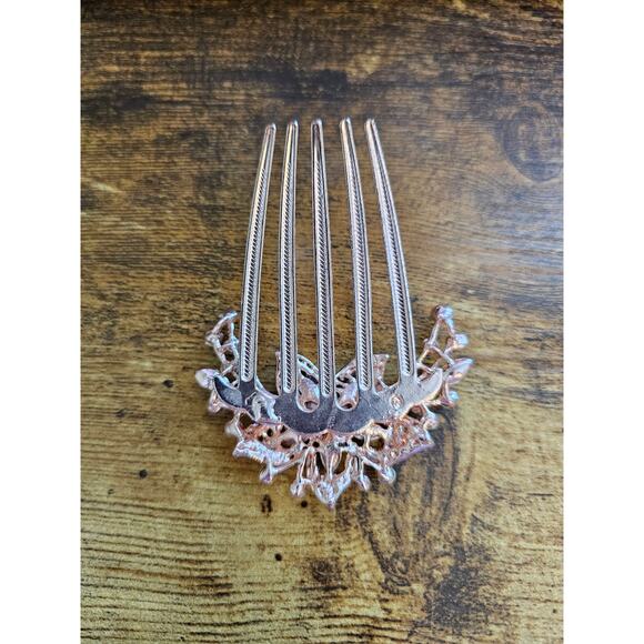 Vintage Y2K Rose Gold w/ Blue Rhinestone Flower Hair Comb - Picture 3 of 4